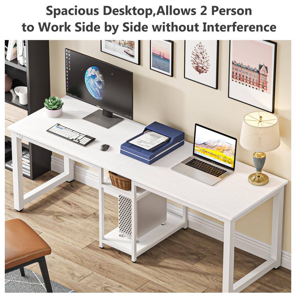 TRIBESIGNS WAY TO ORIGIN Halseey 78 in. Rectangular White Wood Computer Desk Two Person Writing Desk with Metal Frame and Storage Shelves HD-ZK10003