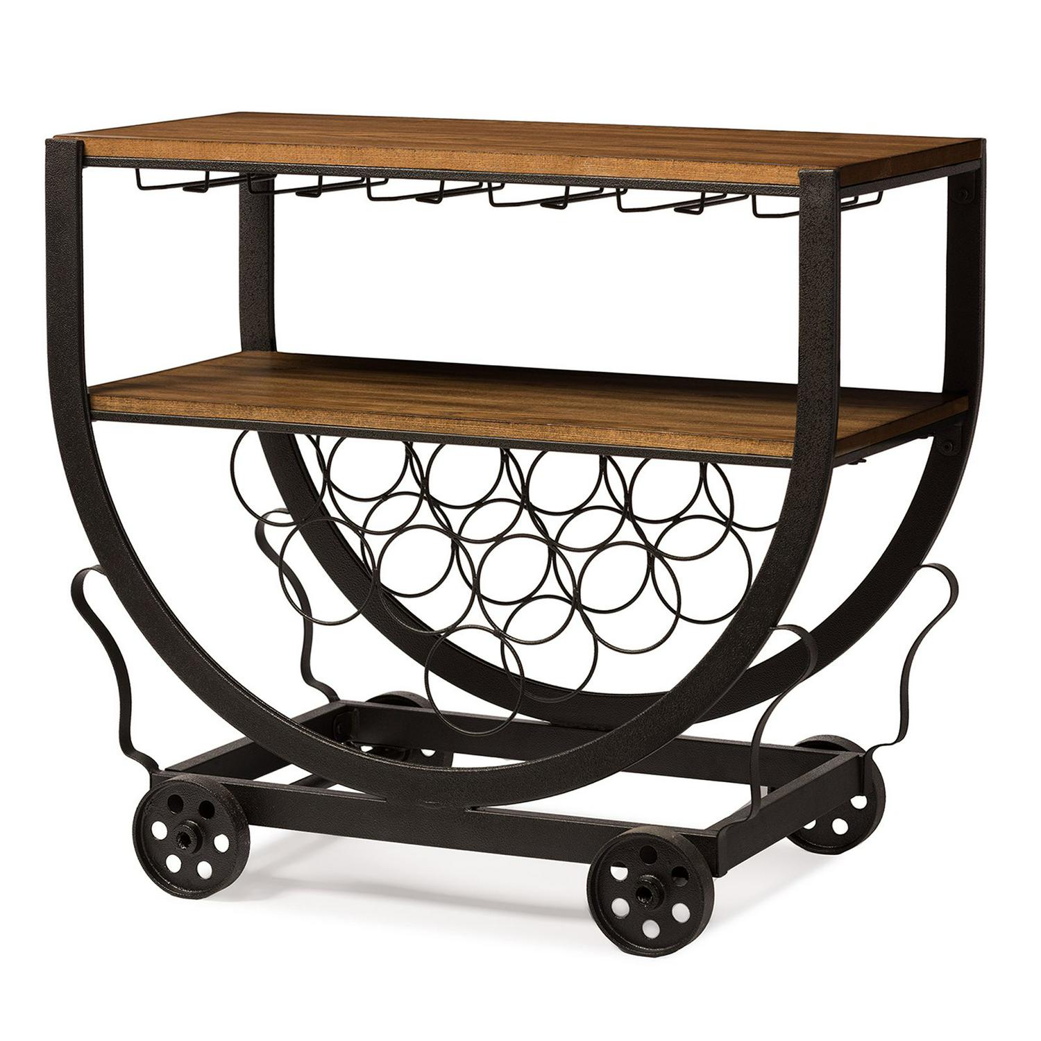 Baxton Studio Triesta Antiqued Vintage Industrial Metal and Wood Wheeled Wine Rack Cart