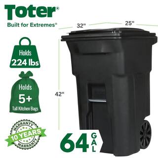 Toter 64 Gallon Black Rolling Outdoor GarbageTrash Can with Wheels and Attached Lid 79264-R2200