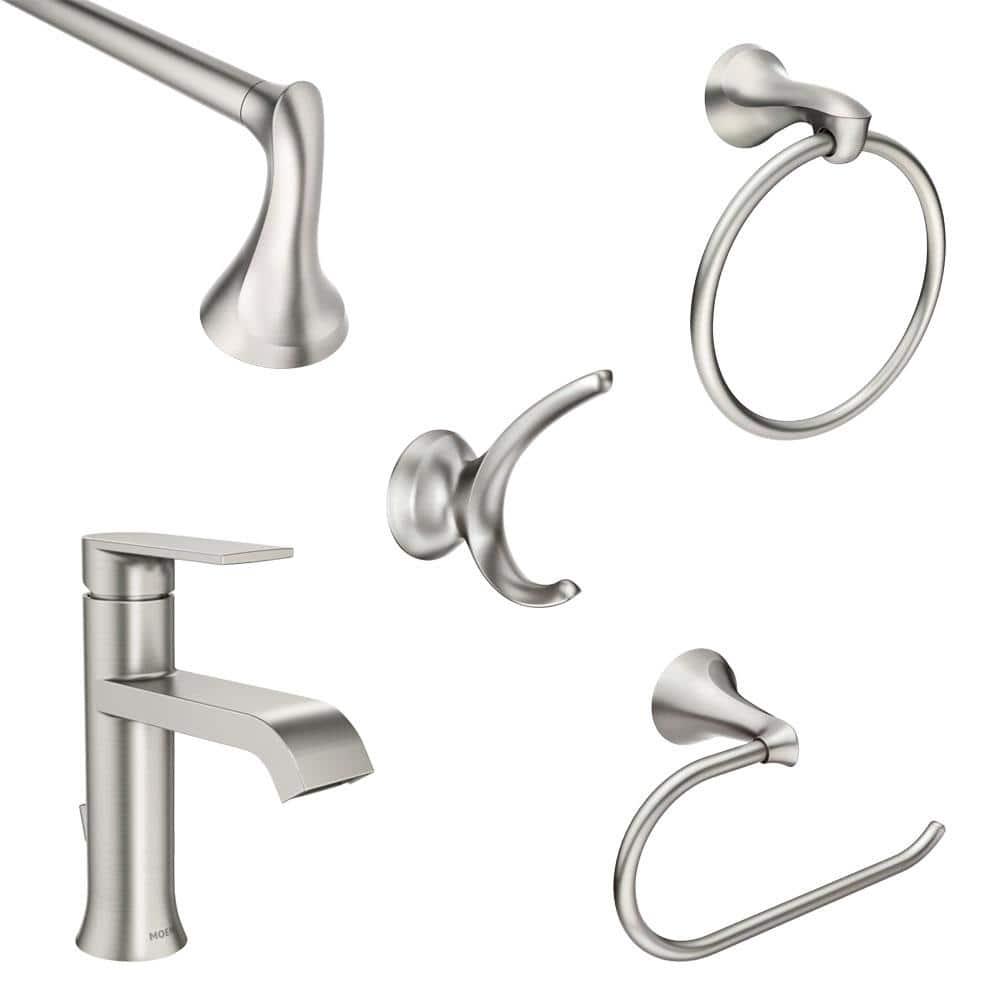 MOEN Genta SingleHandle Single Hole Bath Faucet with 4Piece Hardware Set and 24 in Towel Bar in Spot Resist Brushed Nickel