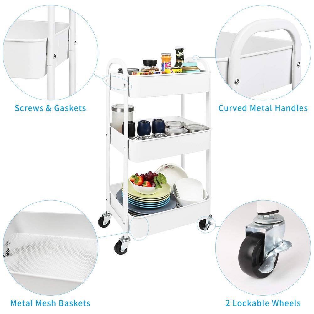 3-Tier Rolling Utility Cart with Caster Wheels Easy Assembly for Kitchen Bathroom PU2BGQ