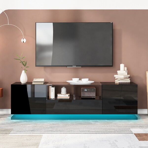 Tempered Glass TV Stand with Sorage and LED Color Changing Lights