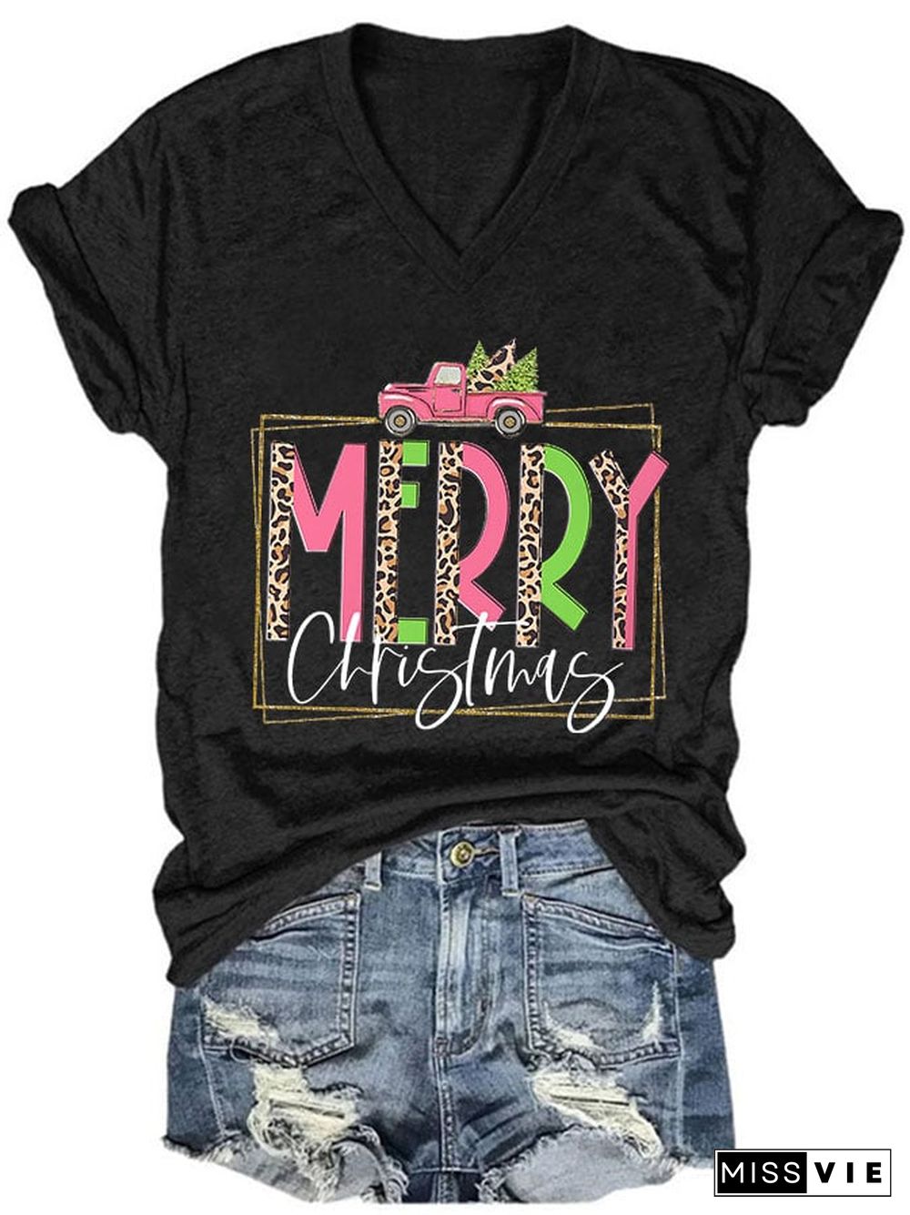 Women's Casual Merry Christmas Printed Short Sleeve T-Shirt