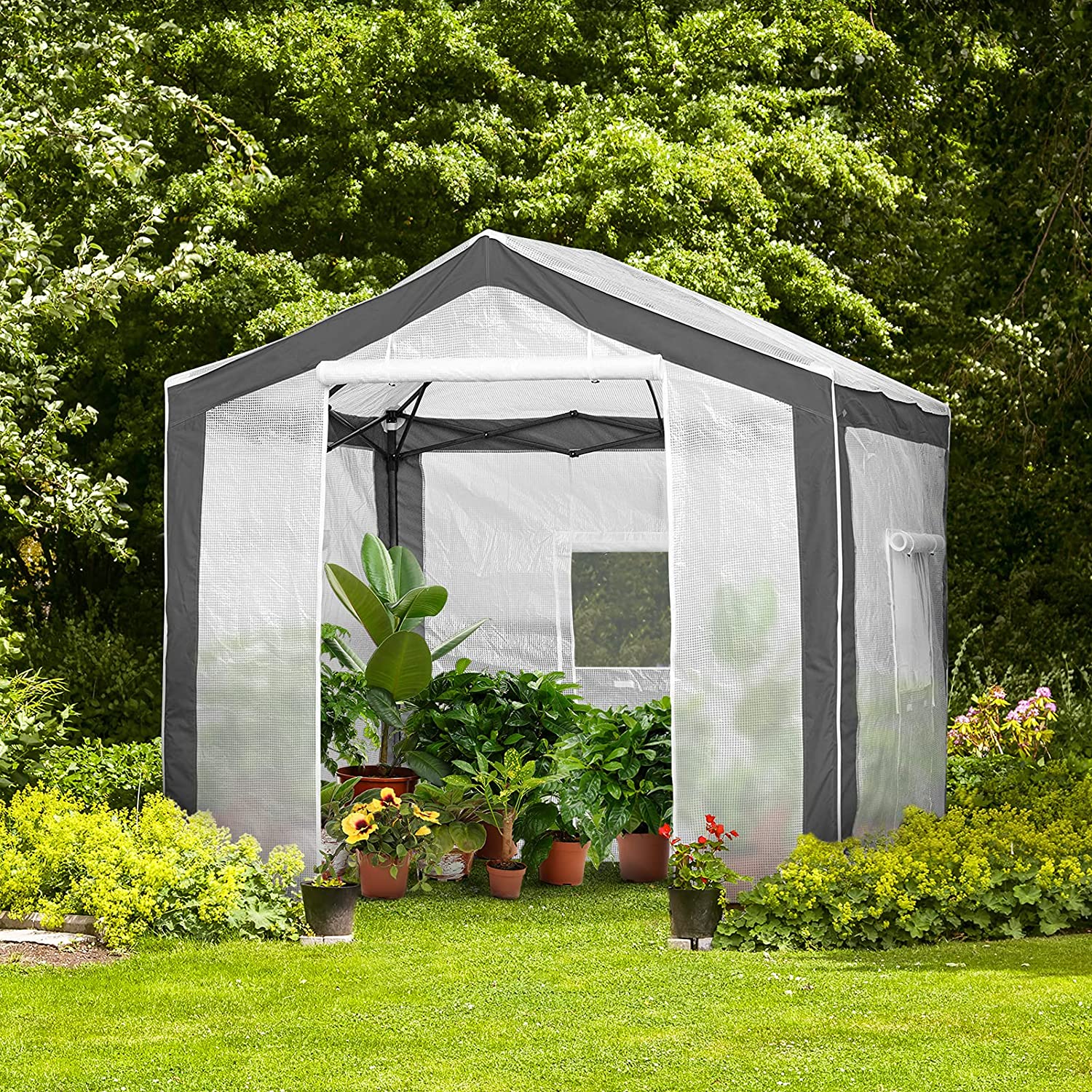 EAGLE PEAK 8 ' x 8 ' Portable Walk-in Greenhouse with Roll-up Zipper Entry Door and 3 Large Roll-Up Screen Windows, Instant Pop-up Easy Setup Indoor Outdoor Plant Gardening Green House, White