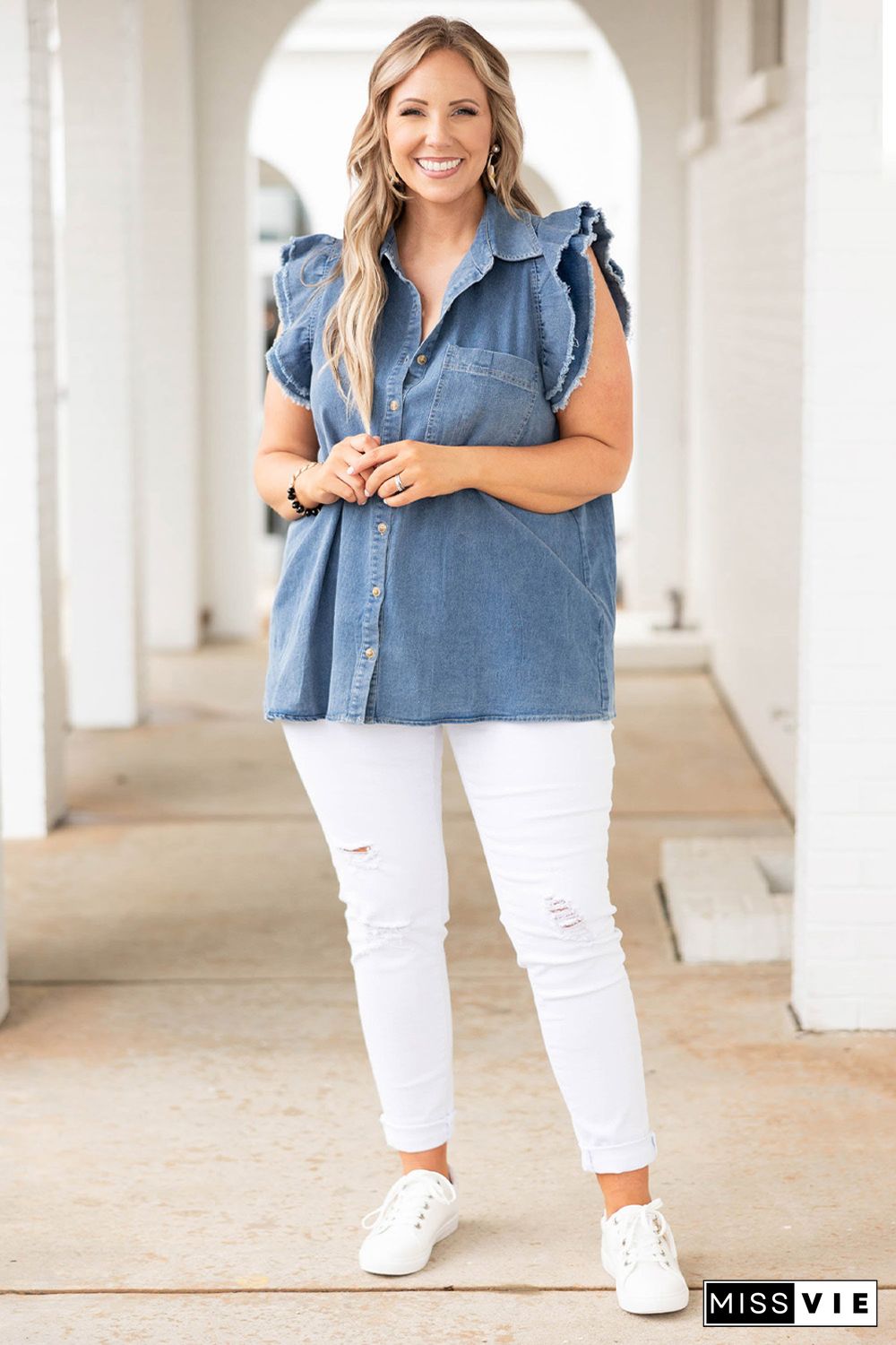 Blue Frayed Ruffle Sleeve Plus Size Denim Shirt