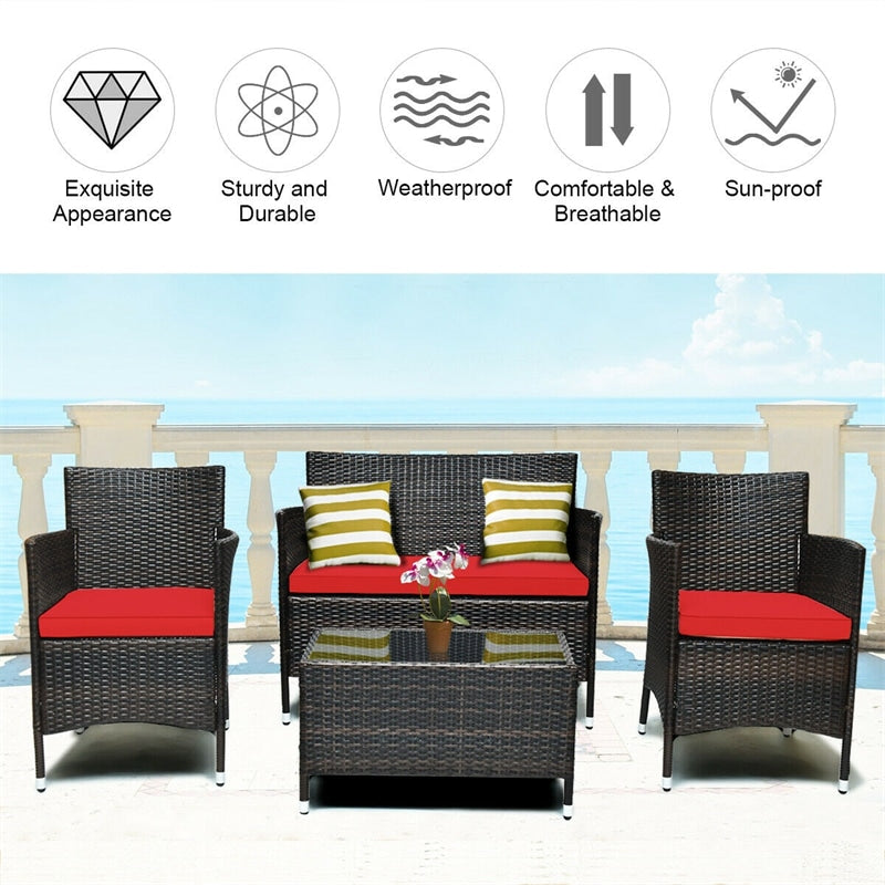 4 Pcs Rattan Wicker Patio Conversation Sets with Loveseat, Single Sofas, Coffe Table, Outdoor Bistro Set