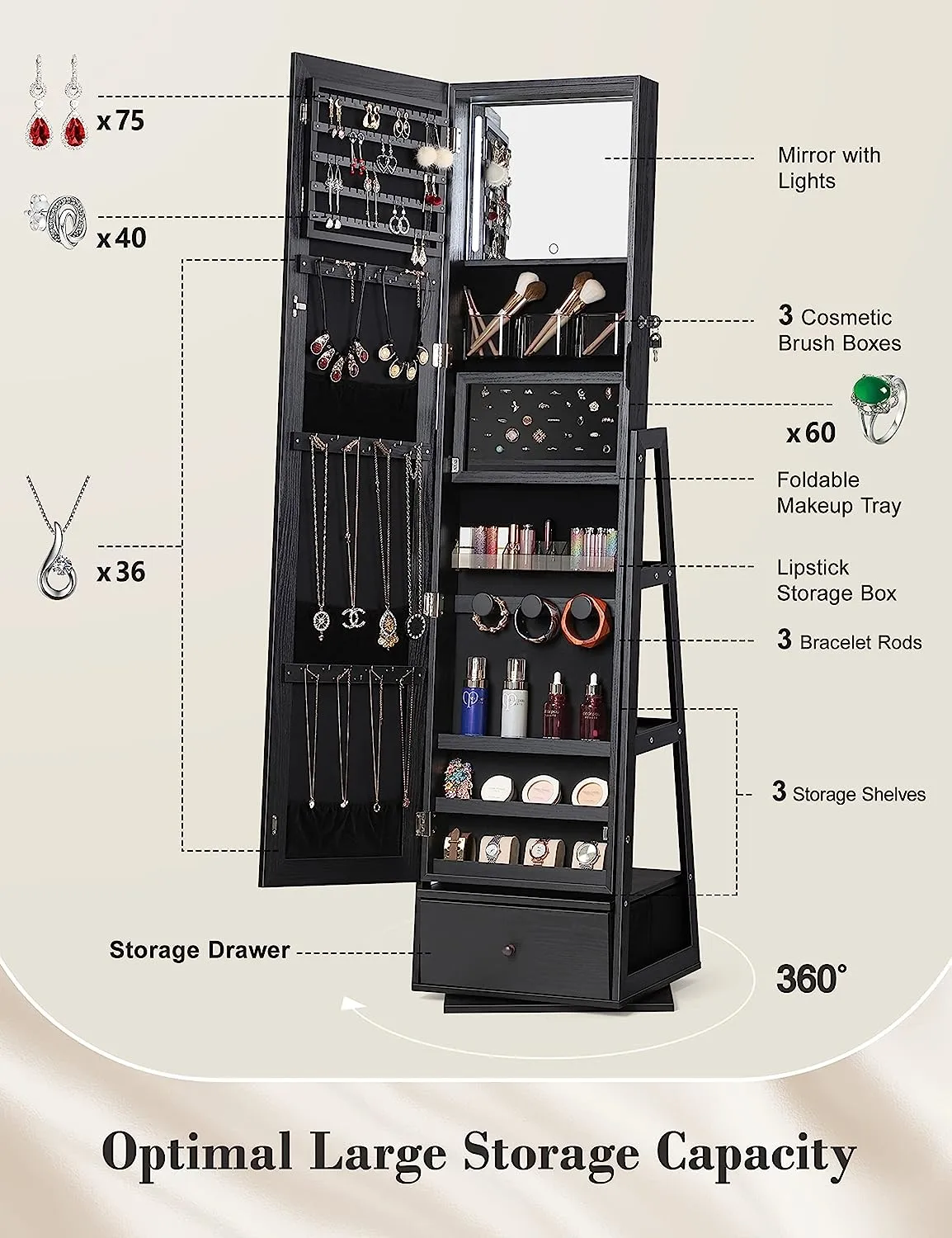 ⭐️360° Swivel Jewelry Cabinet with Lights - 🌟Touch Screen Vanity Mirror 🌟