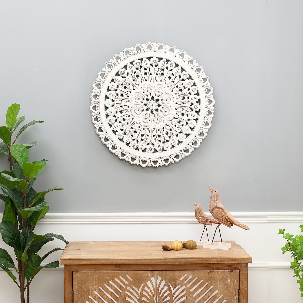 Distressed White Wood Flower Round Wall Art Decor