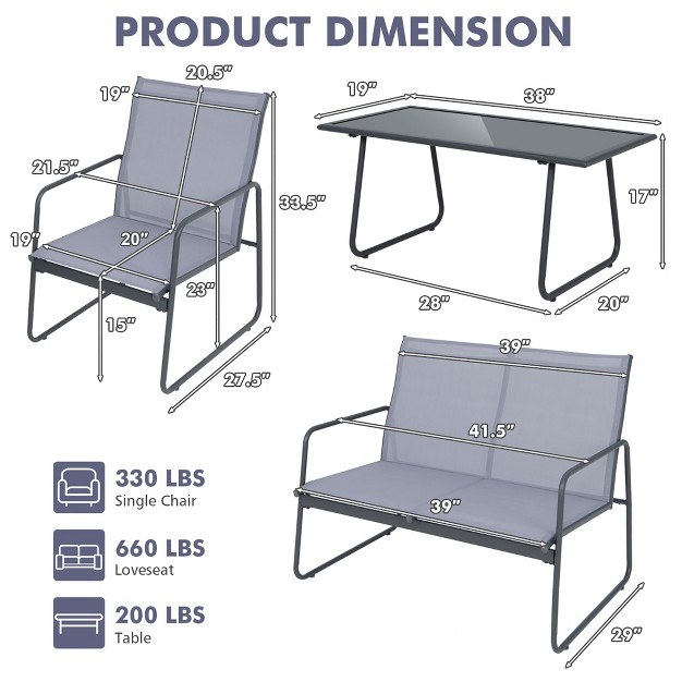 Costway 4 piece Metal Patio Furniture Chat Set Outdoor Conversation Table Garden