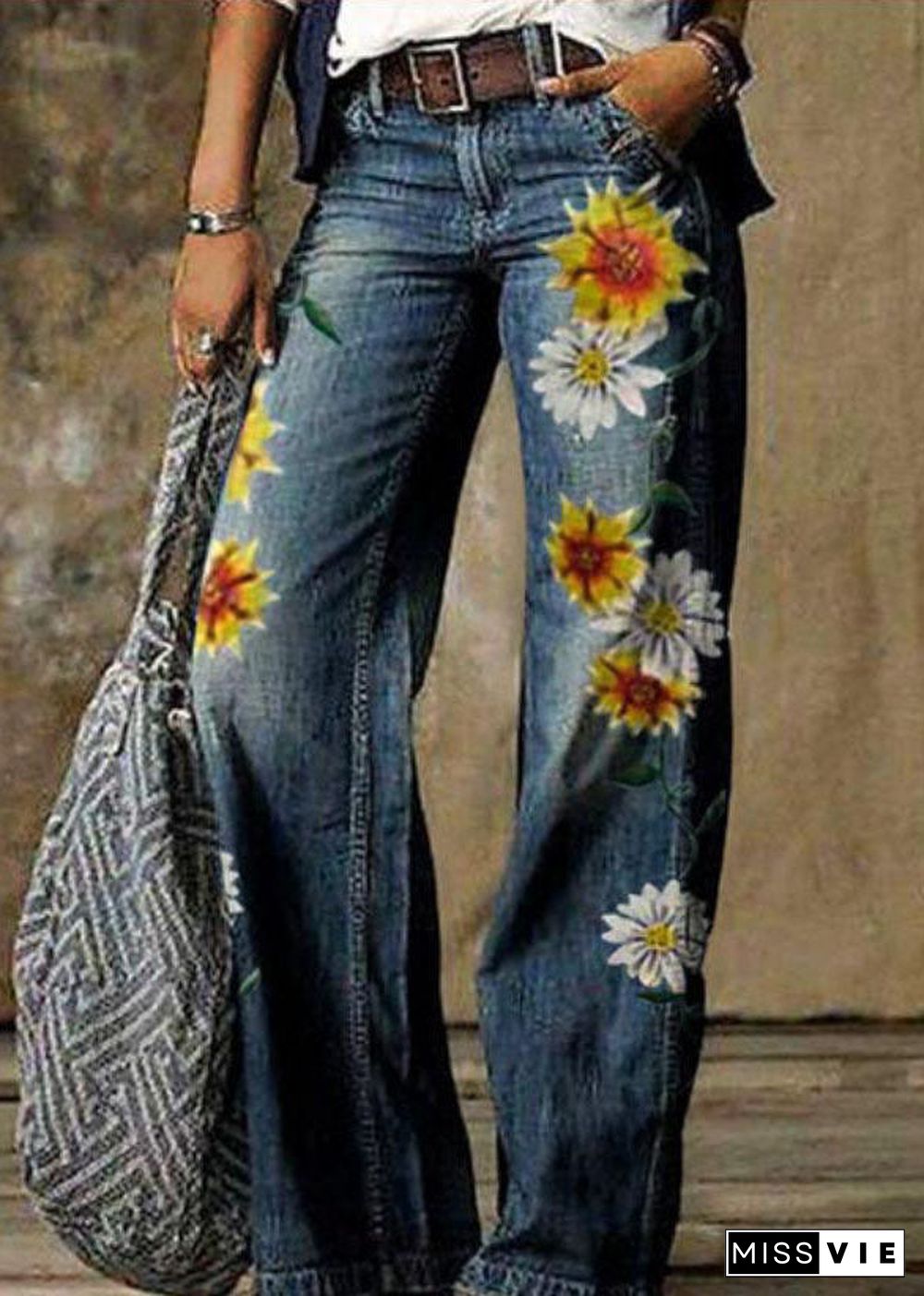 Women Daisy Print Pockets Patchwork Denim Straight Pants Spring