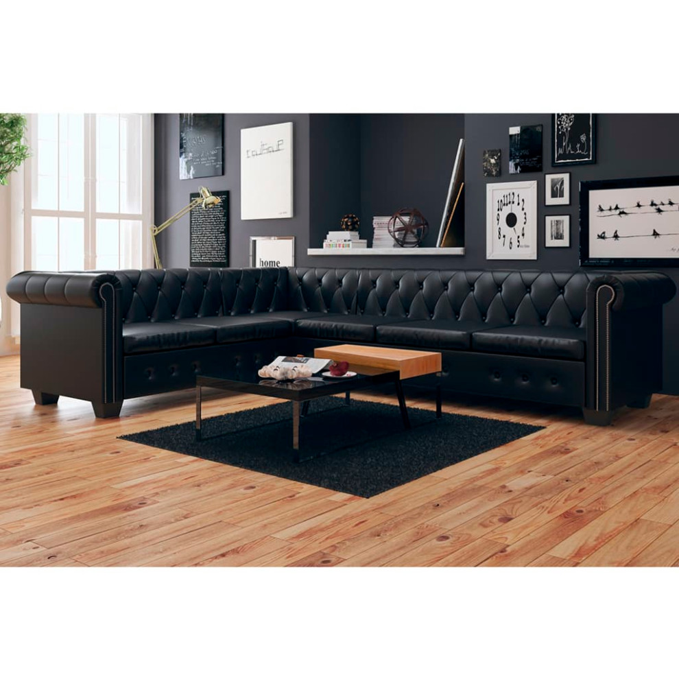 vidaXL Chesterfield Corner Sofa 6 Seater Faux Leather Black Chaise Longue   Transitional   Sectional Sofas   by vidaXL LLC  Houzz