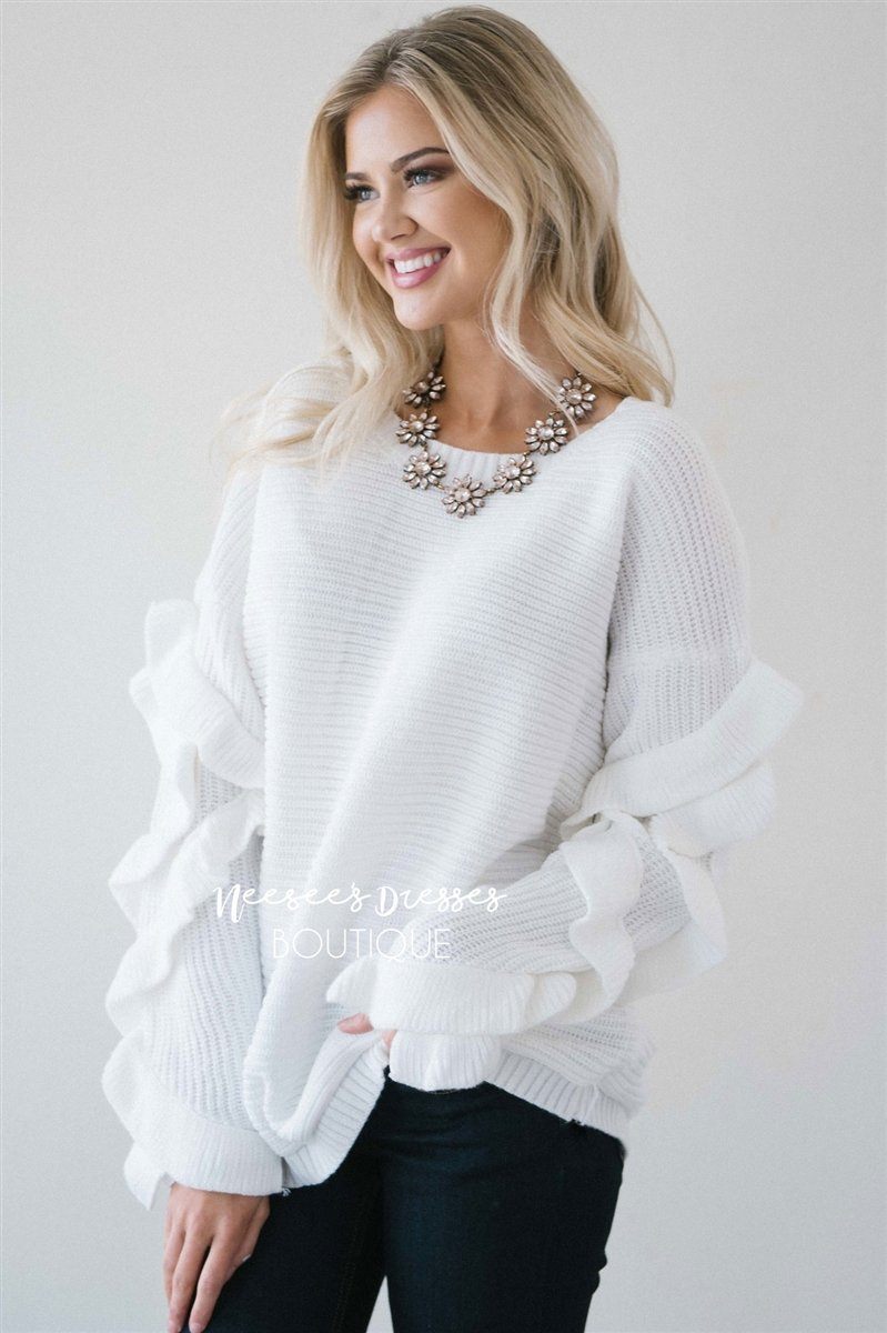 White Ruffle Sleeve Sweater