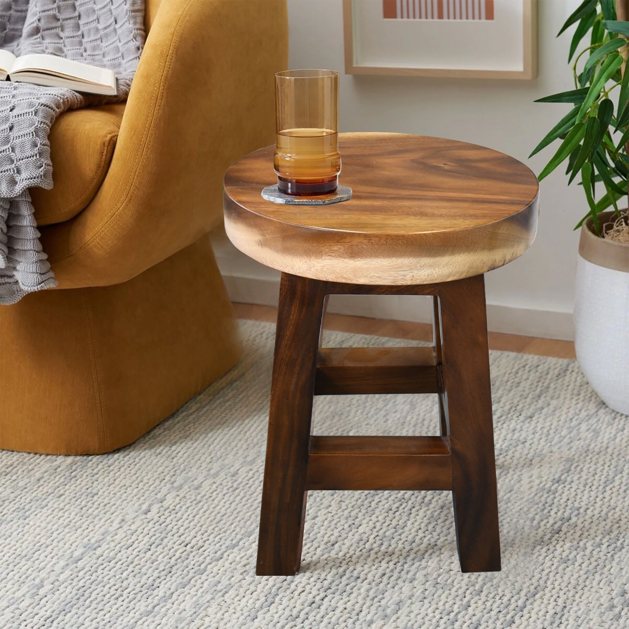 Wood Small Round Stool Side Table - 14