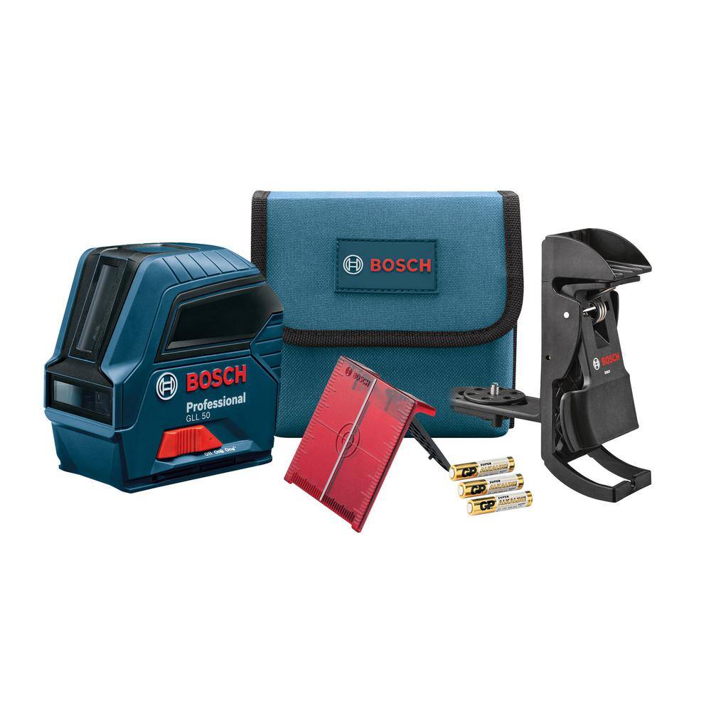 Bosch 50 ft. Cross Line Laser Level Self Leveling with VisiMax Technology L-Bracket Adjustable Mount and Hard Carrying Case GLL 50