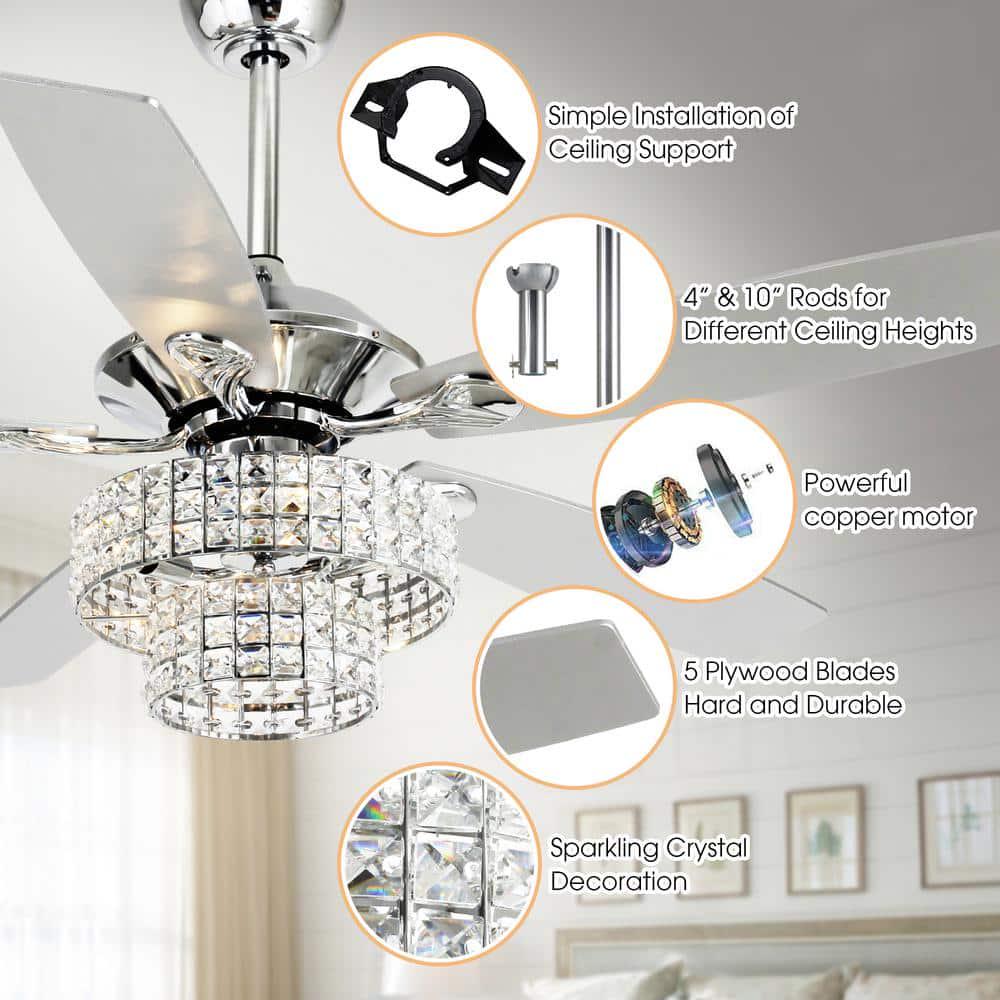 Parrot Uncle Howell 52 in Indoor Downrod Mount Crystal Chrome Ceiling Fan Chandelier with Light Kit and Remote Control