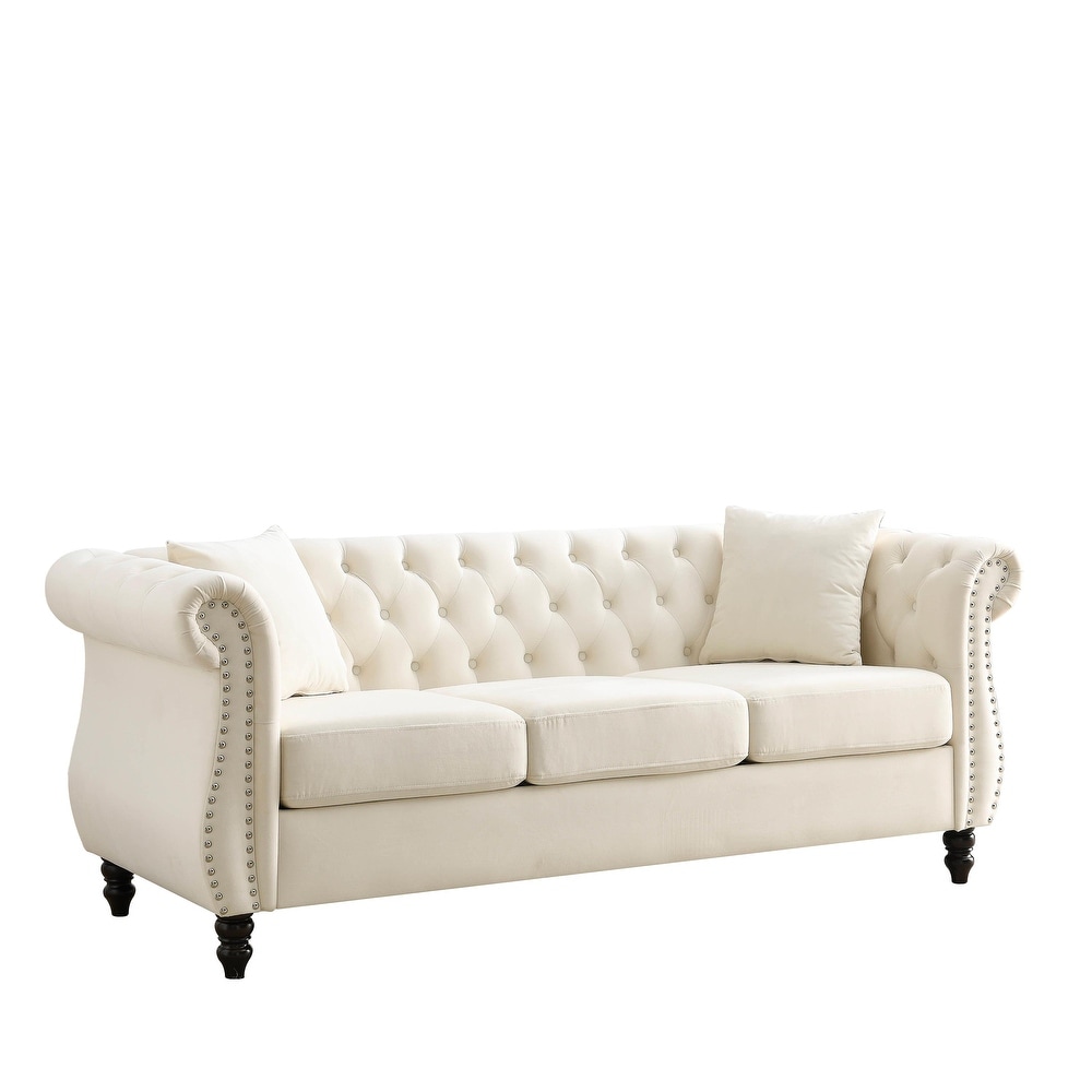 Velvet Chesterfield Sofa Set with Nailhead Trim and Tufted Low Back (Includes Pillows  3 Seater + Loveseat)