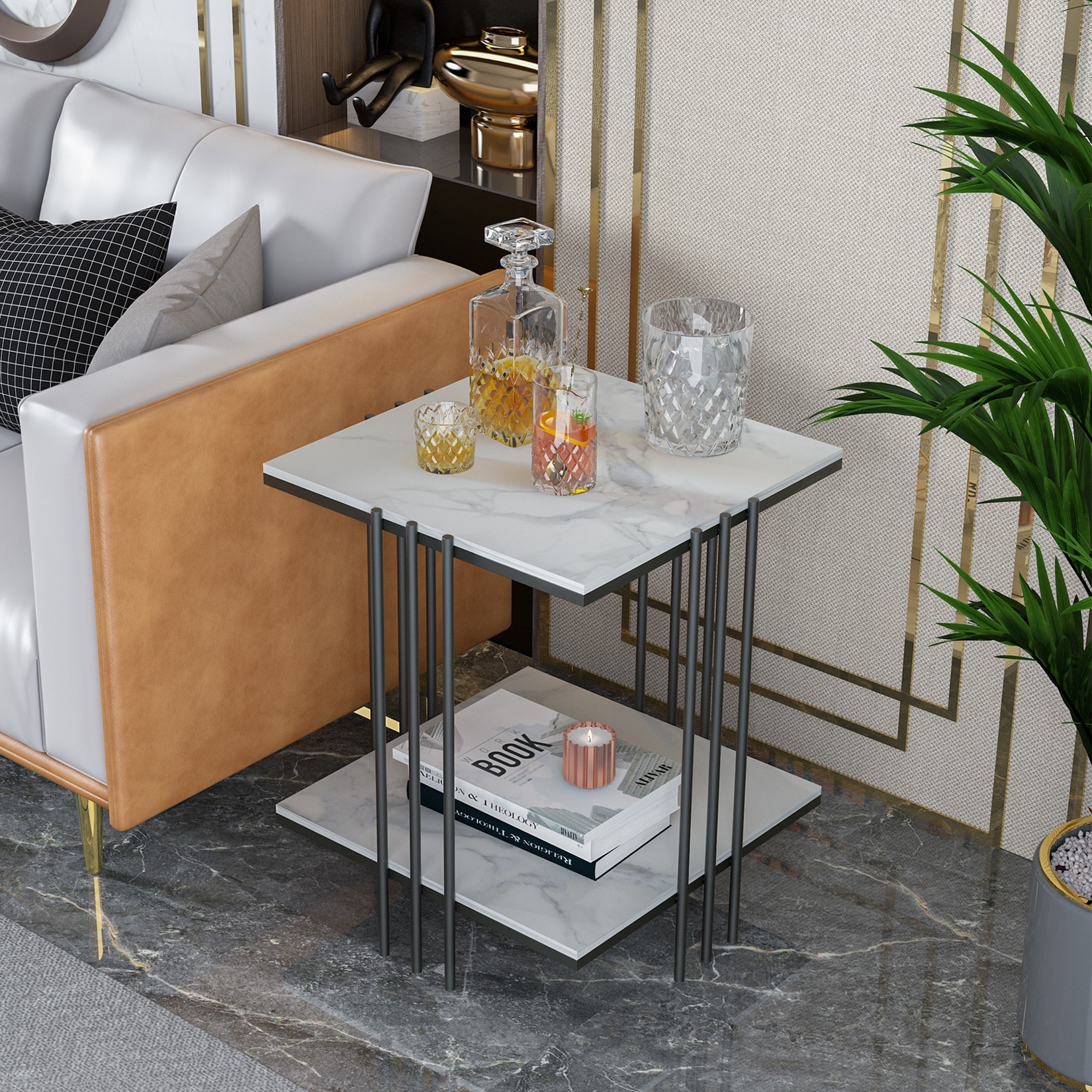 Marble Side Table End Table with Shelves with Black Frame