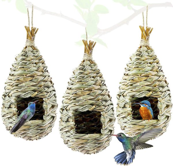 SunGrow Woven Nest， Food Feeder， Cage Accessory， Outdoor Hanging Finch and Hummingbird Bird House