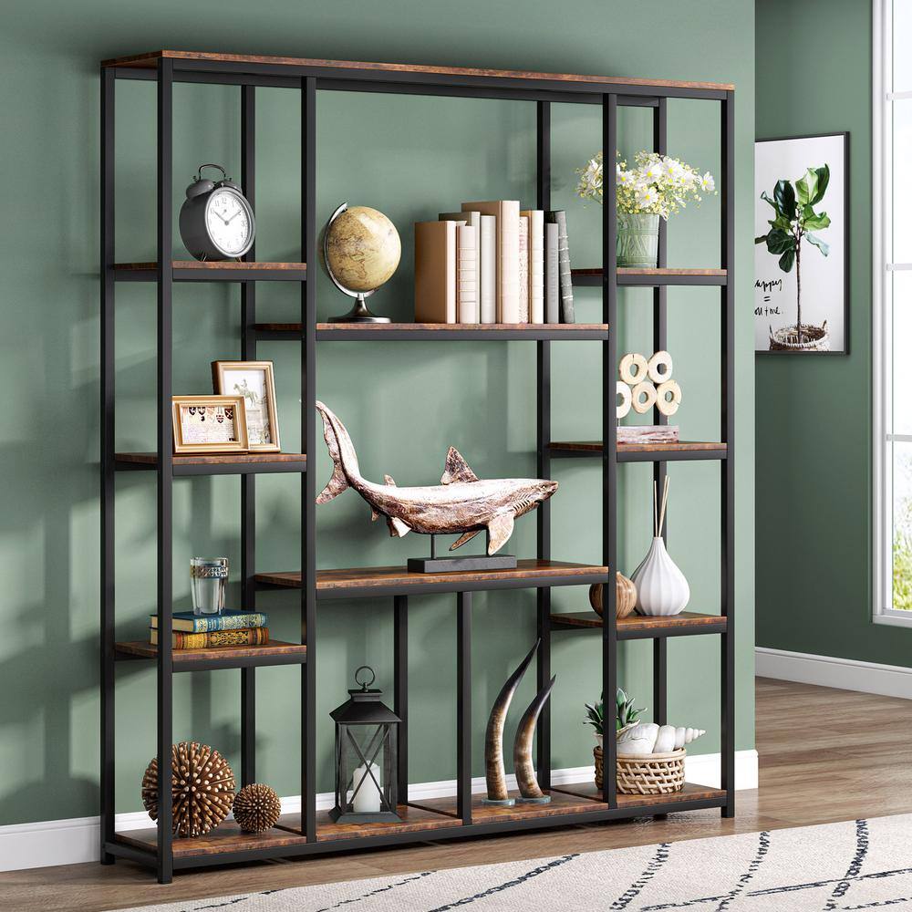 BYBLIGHT 70.86 in. Brown Practical Board 12-Shelf Etagere Bookcase with Storage and Industrial Style Display Shelves BB-XX1199YY