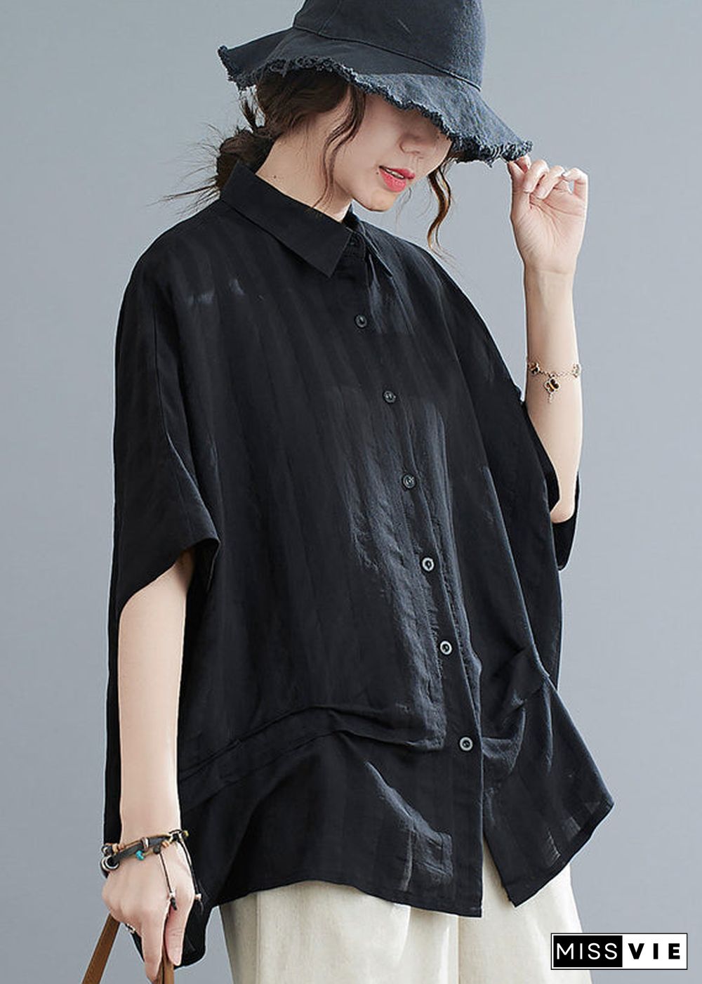 Stylish Black Oversized Wrinkled Cotton Shirt Top Summer