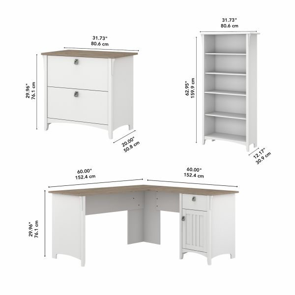 Bush Furniture Salinas 60W L Shaped Desk with Lateral File Cabinet and 5 Shelf Bookcase in Pure White and Shiplap Gray