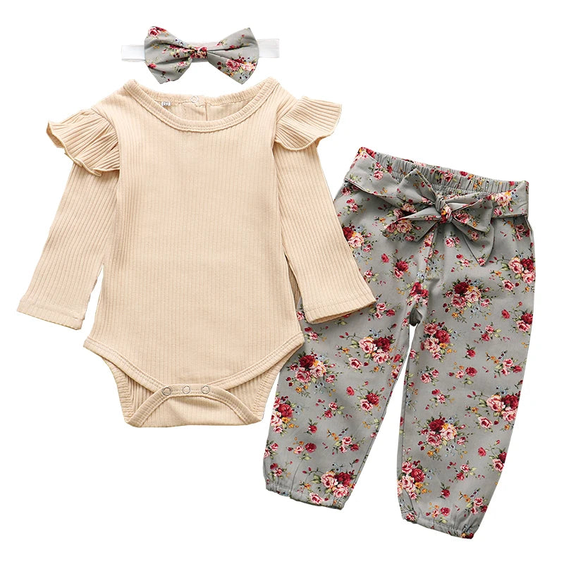 Autumn Baby Girl Clothes Sets Fashion Toddler Outfits Long Sleeve Tops Flower Pants Headband Cute 3Pcs Newborn Infant Clothing