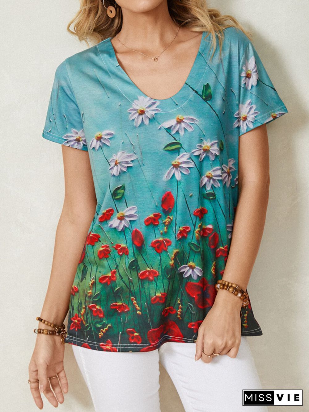 Flower Print V-neck Short Sleeve T-Shirt For Women