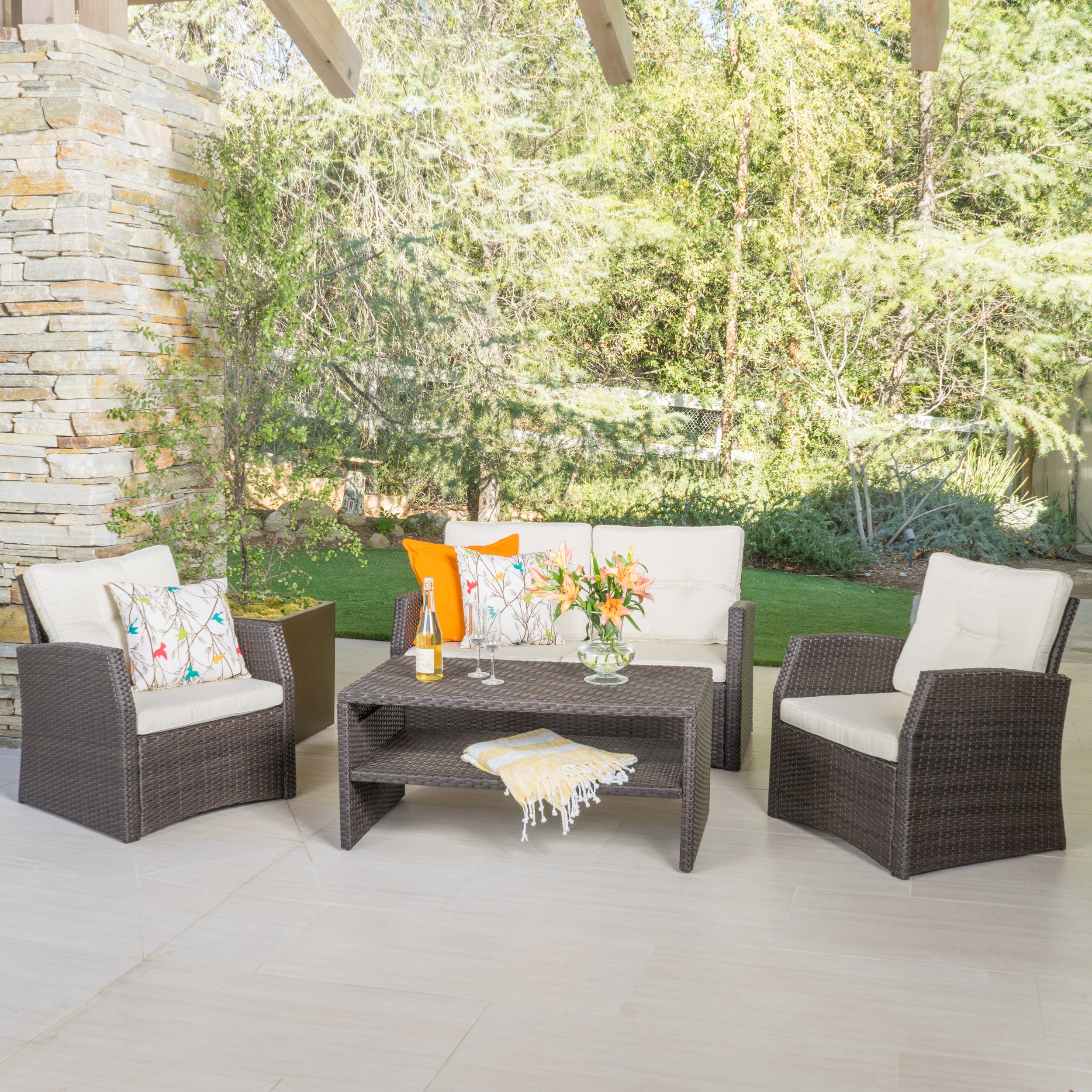 Del Norte Outdoor 4 Piece Dark Brown Wicker Chat Set with Beige Water Resistant Cushions