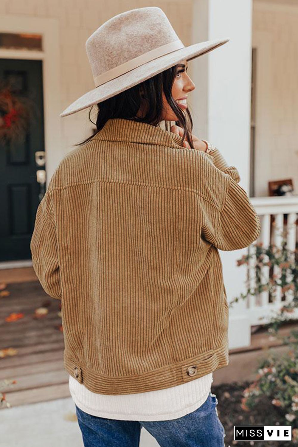 Khaki Ribbed Corduroy Long Sleeve Jacket with Pocket