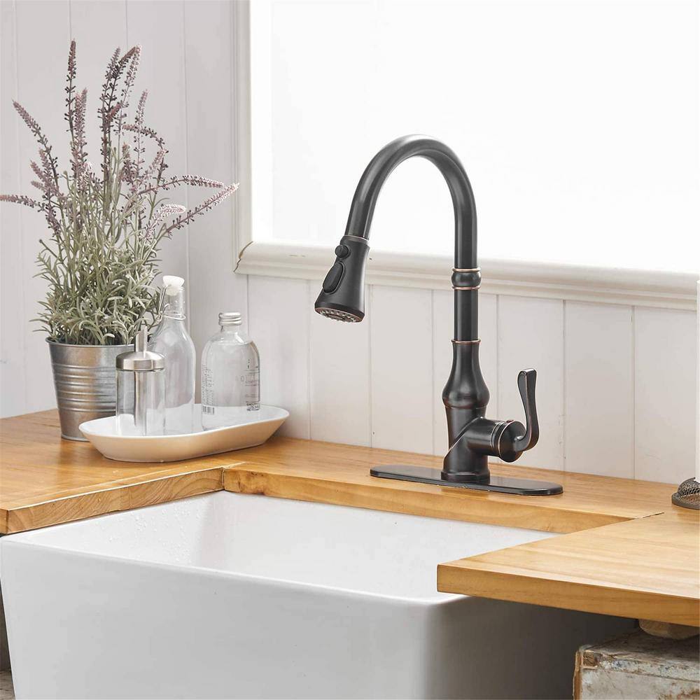 FLG Single-Handle Deck Mount Gooseneck Pull Down Kitchen Faucet with Sprayer and Deckplate Included in Oil Rubbed Bronze LE-0017-ORB