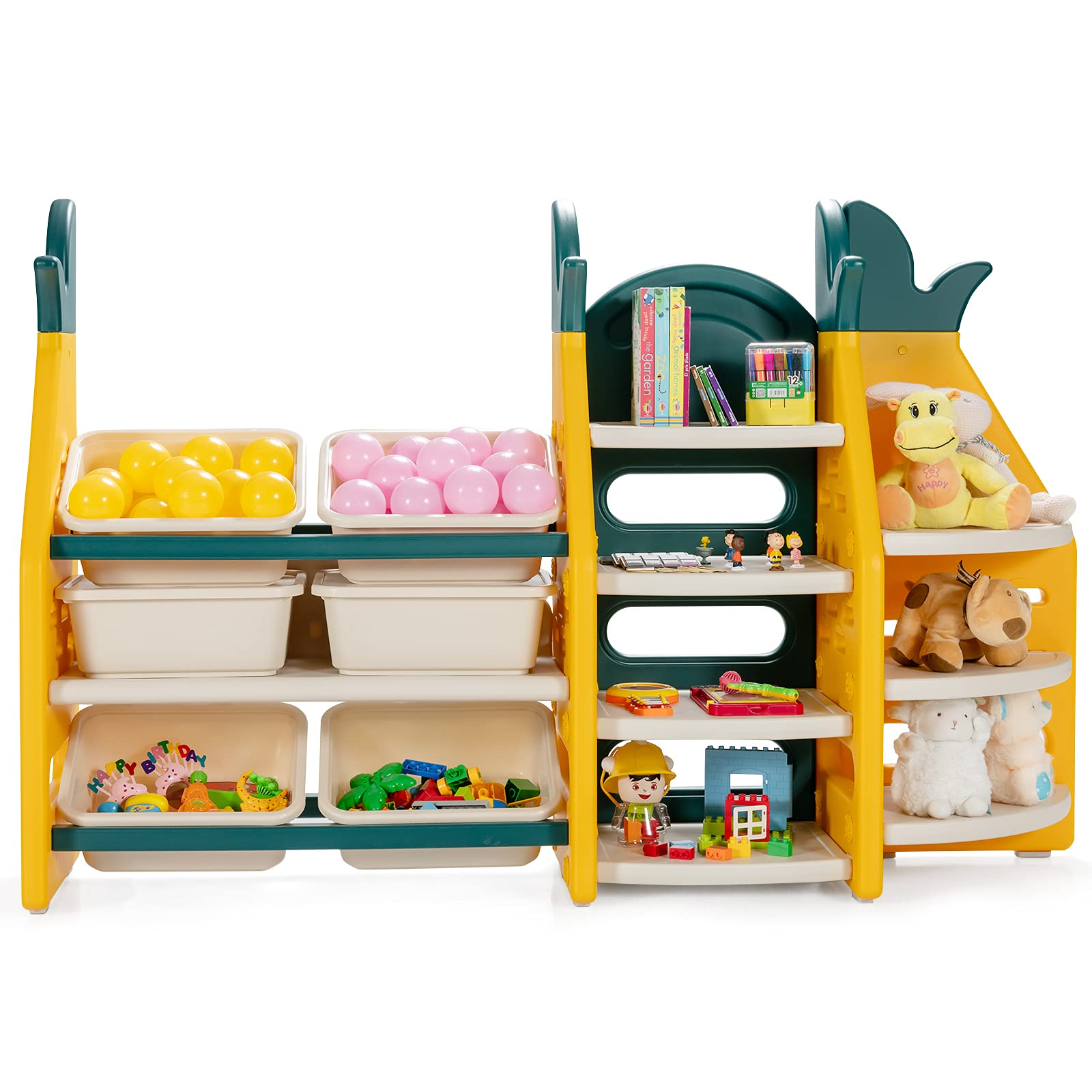 Costzon Kids Toy Storage Organizer, 3-Tier Bookshelf Corner Rack w/ 6 Bins & 7 Shelves Free Combination