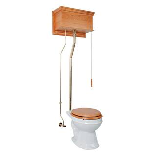 RENOVATORS SUPPLY MANUFACTURING Stratford High Tank Pull Chain Toilet Single Flush Round Bowl in White with Light Oak Tank and Brass Rear Entry Pipes 12050