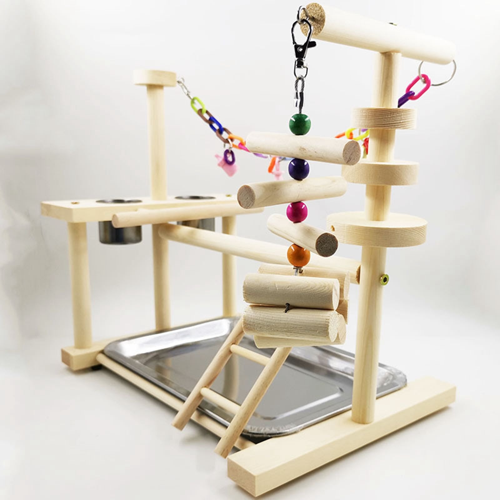 Wooden Parrot Playstand Perch Gym with Feeder Cups Cockatiel Bird Play Stand