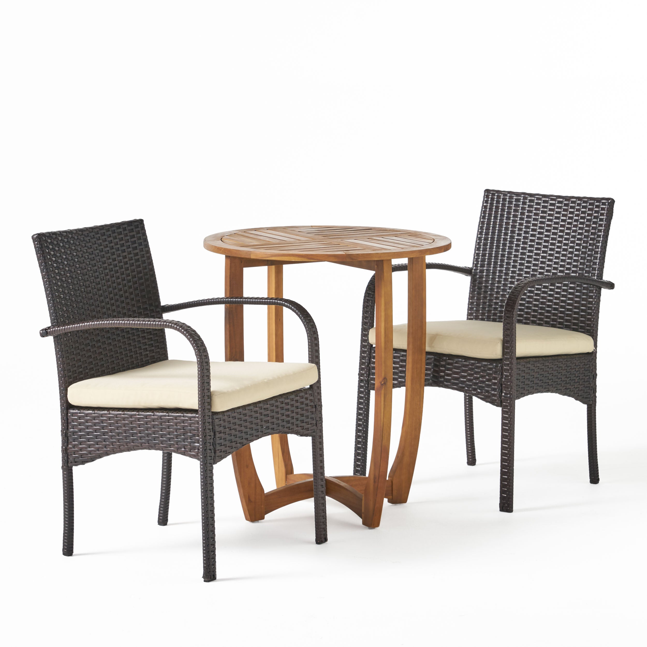 Jerica Outdoor 3 Piece Acacia Wood/ Wicker Bistro Set with Cushions, Teak Finish and Multibrown with Crème