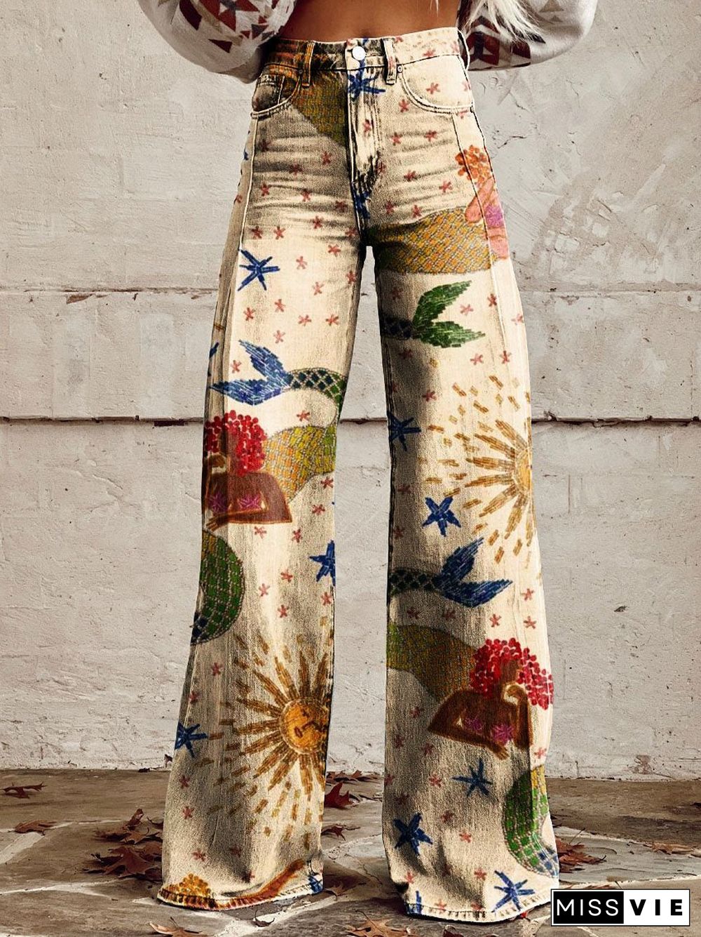 Women's Vintage Mermaid Art Print Casual Wide Leg Pants