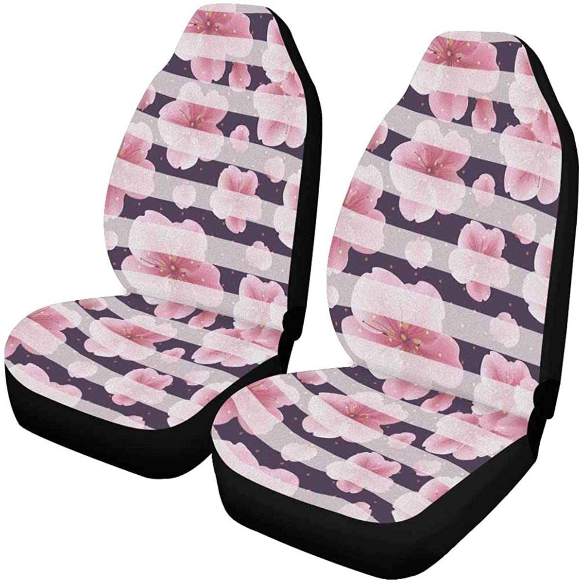 FMSHPON Set of 2 Car Seat Covers Pink Sakura Flowers Petals The Striped Universal Auto Front Seats Protector Fits for Car，SUV Sedan，Truck