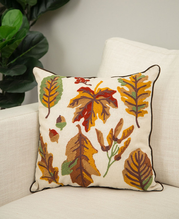 Glitzhome Embroidered Fall Leaves Decorative Pillow， 16 x 16