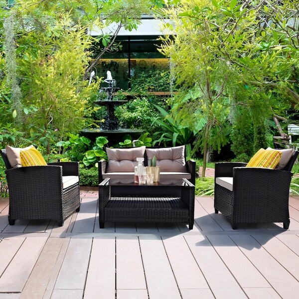 Outdoor Rattan Conversation Set 4 Pieces Patio wicker Chairs and Table