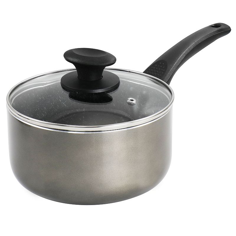 Oster Cocina 2.5 Quart Merrion Nonstick Aluminum Saucepan with Lid in Metallic Grey