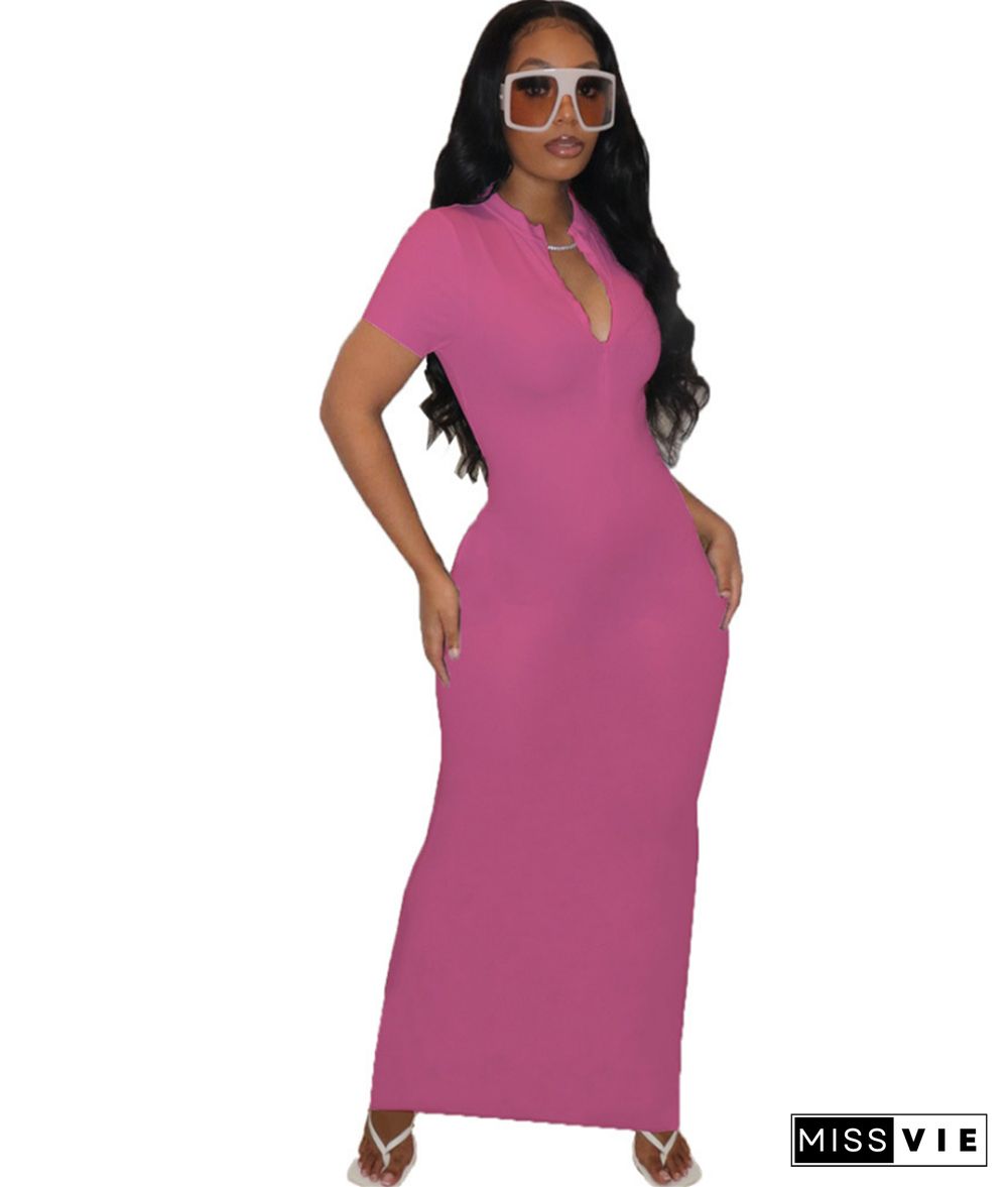 High Waist Solid Short Sleeve Slim Fit Maxi Dress