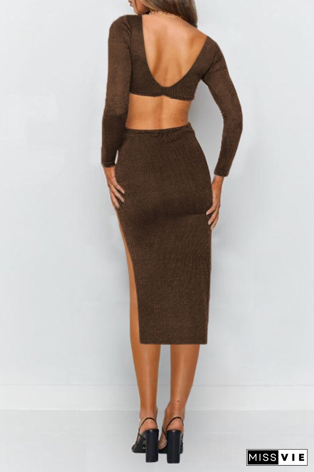 Elegant Solid Hollowed Out Backless Slit V Neck Pencil Skirt Dresses