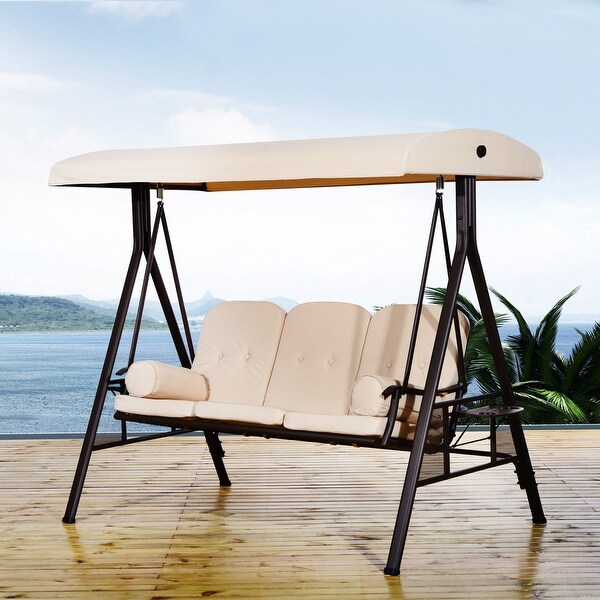 Outsunny Outdoor Patio 3Person Canopy Cushioned Seat Bench Swing with Included Side Trays and Padded Comfort