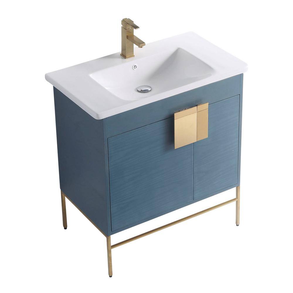 FINE FIXTURES Shawbridge 30 in. W x 18.11 in. D x 33.5 in. H Bathroom Vanity in French Blue with White Ceramic Vanity Top SH30FB-SHHA1SB