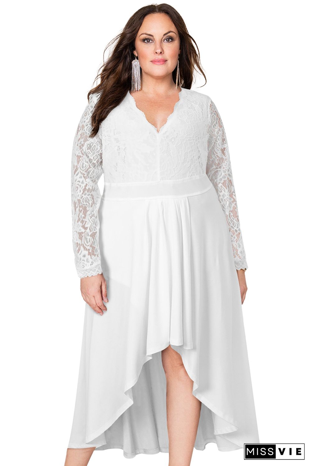 White Plus Size High-Low Lace Contrast Evening Dress