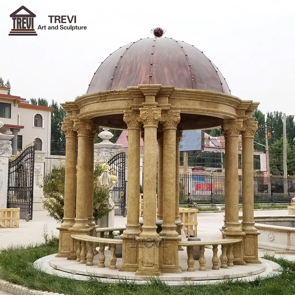 Garden Furniture Outdoor Natural Stone Yellow Marble Gazebo With Women Statue