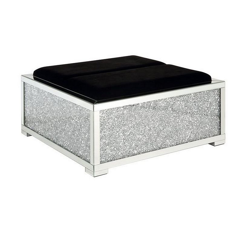 Mirrored Ottoman with Cushioned Seat and Faux Diamonds， Silver