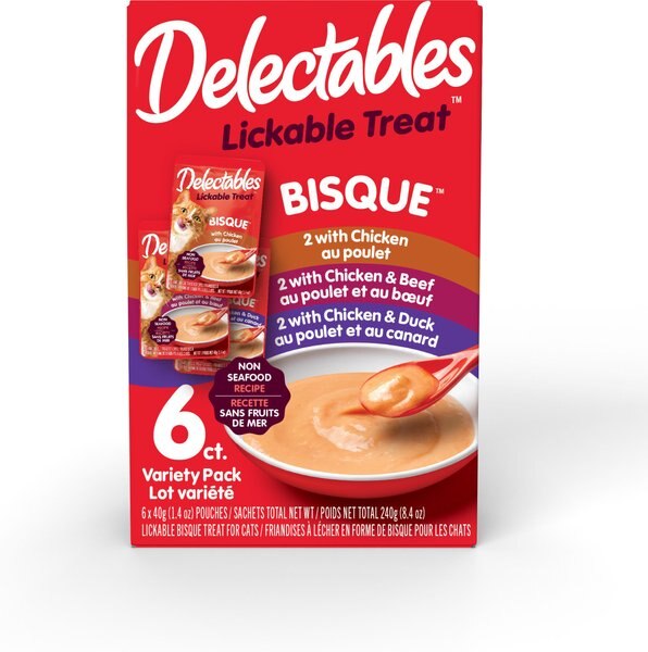 Hartz Delectables Bisque Non-Seafood Lickable Cat Treats Variety Pack， 1.4-oz pouch， 6 Count