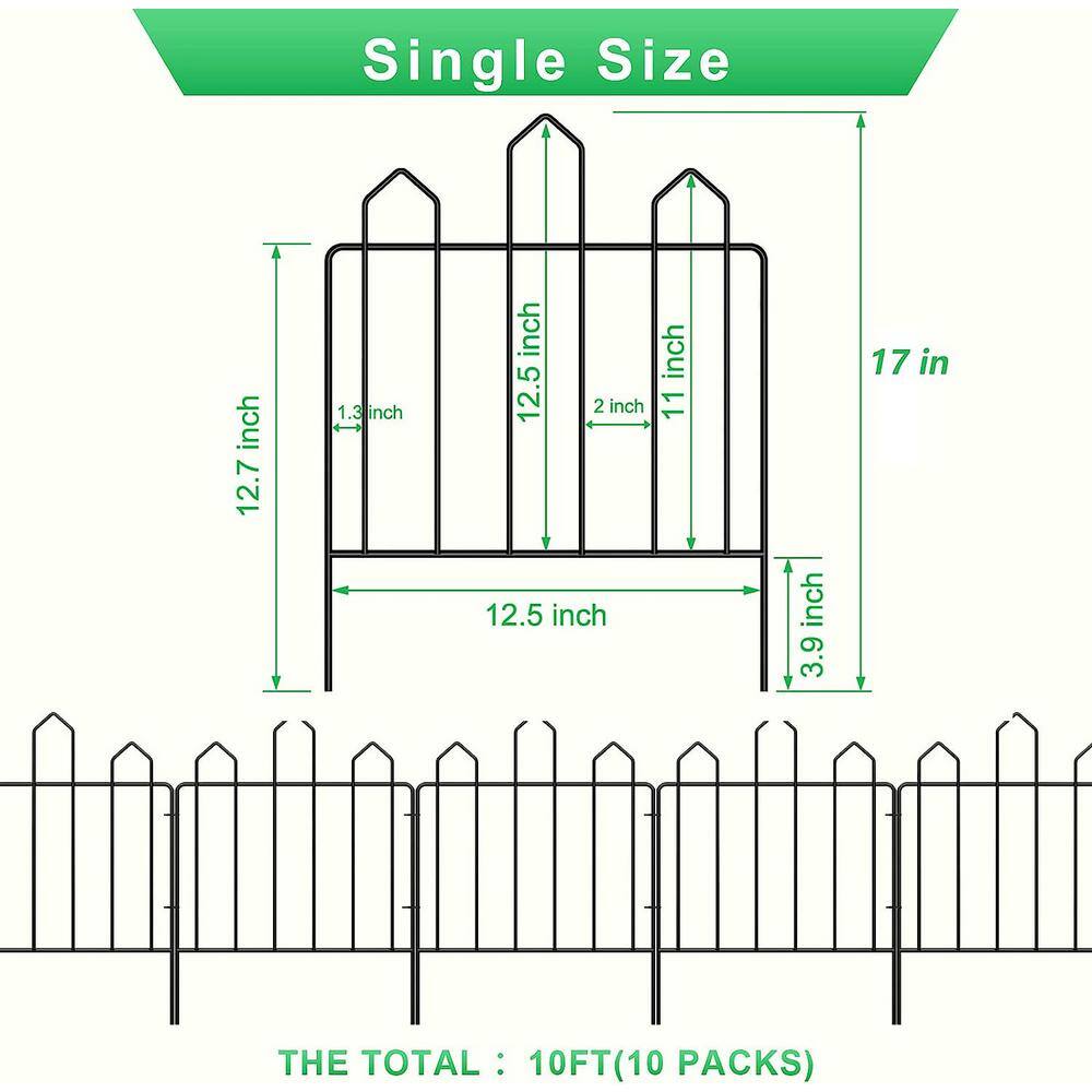 Oumilen Decorative Garden Fence Total 10ft (L) x 17in (H) 10 Pack Black Metal Fence Panel No Dig Garden Edging Border ON-ZL03