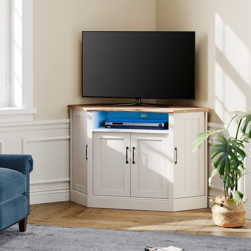 WAMPAT Corner TV Stand for TVs Up to 55 inch  Farmhouse Corner Entertainment with Open Shelves and Door Cabinet for Living Room