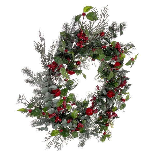 Green Artificial Holly Pine And Red Jingle Bell Wreath